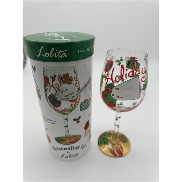 LOLITA LOVE MY WINE Holiday Traditon WINE GLASS IN BOX HAND PAINTED - Picture 1 of 6